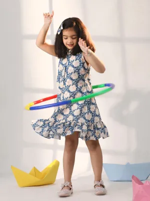 VASTRAMAY Girls' Blue And White Shifflie Worked Cotton dress