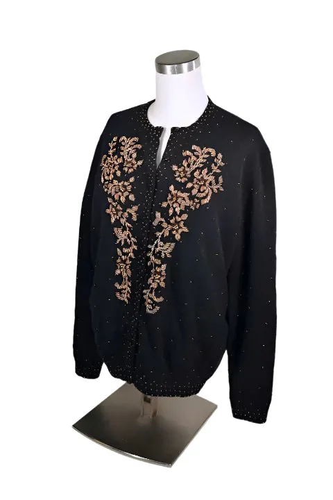 Vintage 50s Black Beaded Cardigan Sweater Size 44