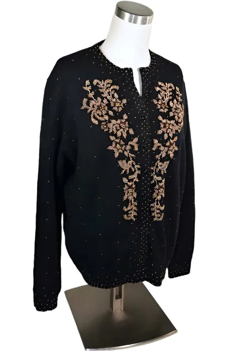 Vintage 50s Black Beaded Cardigan Sweater Size 44
