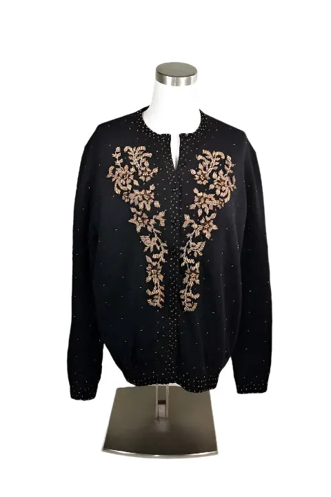 Vintage 50s Black Beaded Cardigan Sweater Size 44