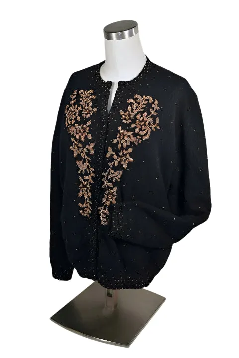 Vintage 50s Black Beaded Cardigan Sweater Size 44