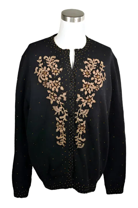 Vintage 50s Black Beaded Cardigan Sweater Size 44