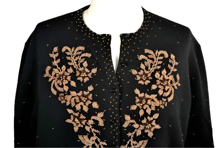 Vintage 50s Black Beaded Cardigan Sweater Size 44