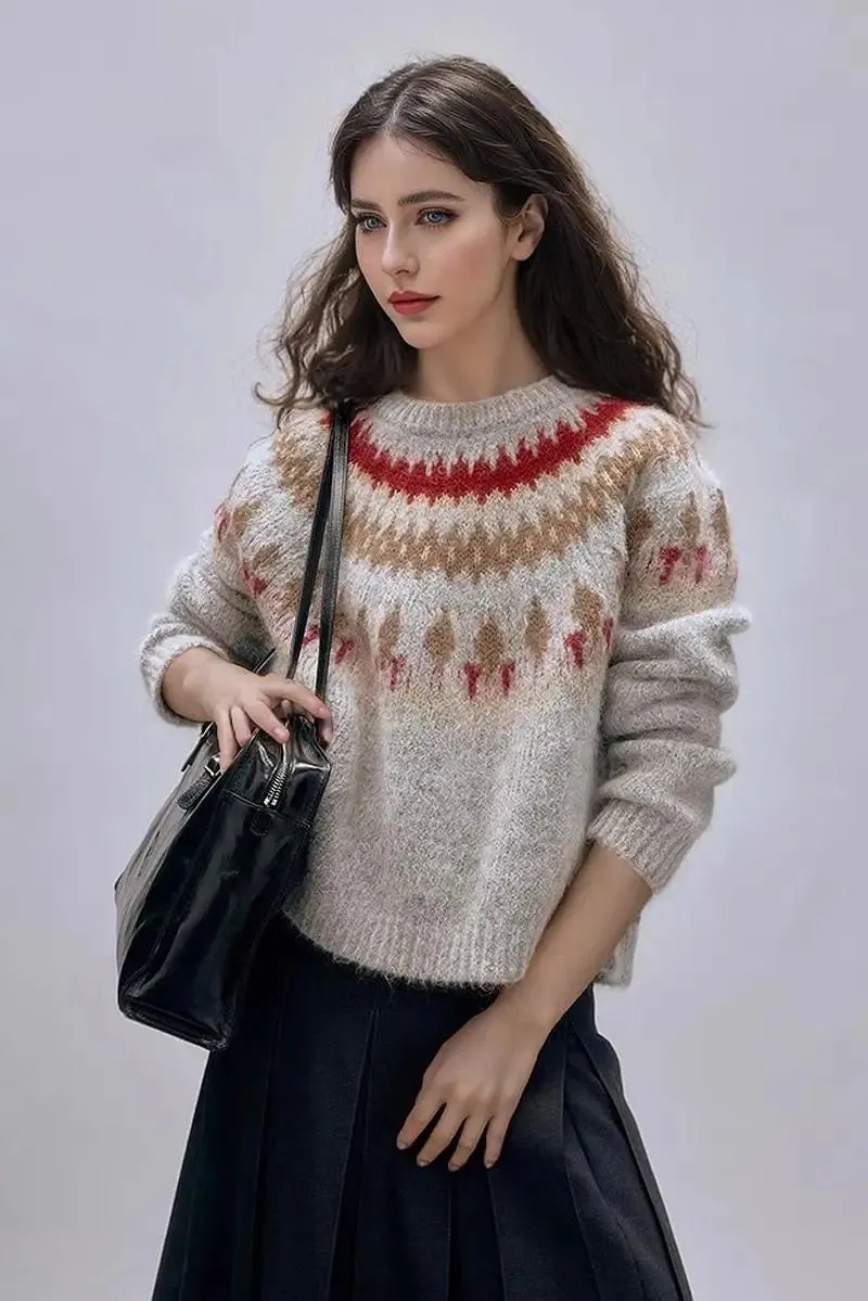 Vintage Cotton Blend Fair Isle Crewneck Sweater
