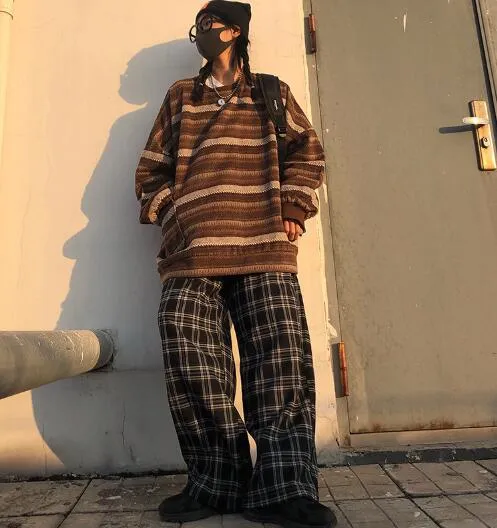 Voguable Pullover Women Vintage Striped Sweater Oversize Long Sleeve Couples Knitted Tops Hip Hop Fashion Streetwear Pullover Female