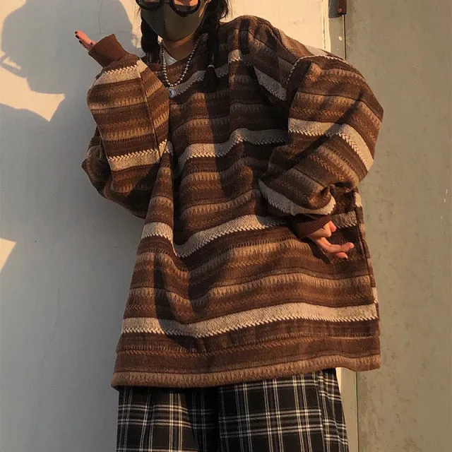 Voguable Pullover Women Vintage Striped Sweater Oversize Long Sleeve Couples Knitted Tops Hip Hop Fashion Streetwear Pullover Female