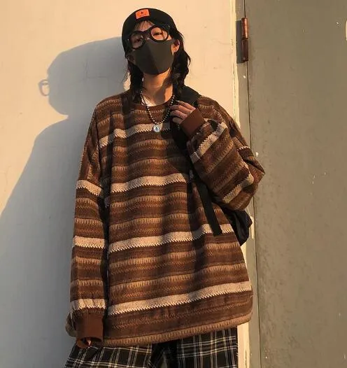 Voguable Pullover Women Vintage Striped Sweater Oversize Long Sleeve Couples Knitted Tops Hip Hop Fashion Streetwear Pullover Female