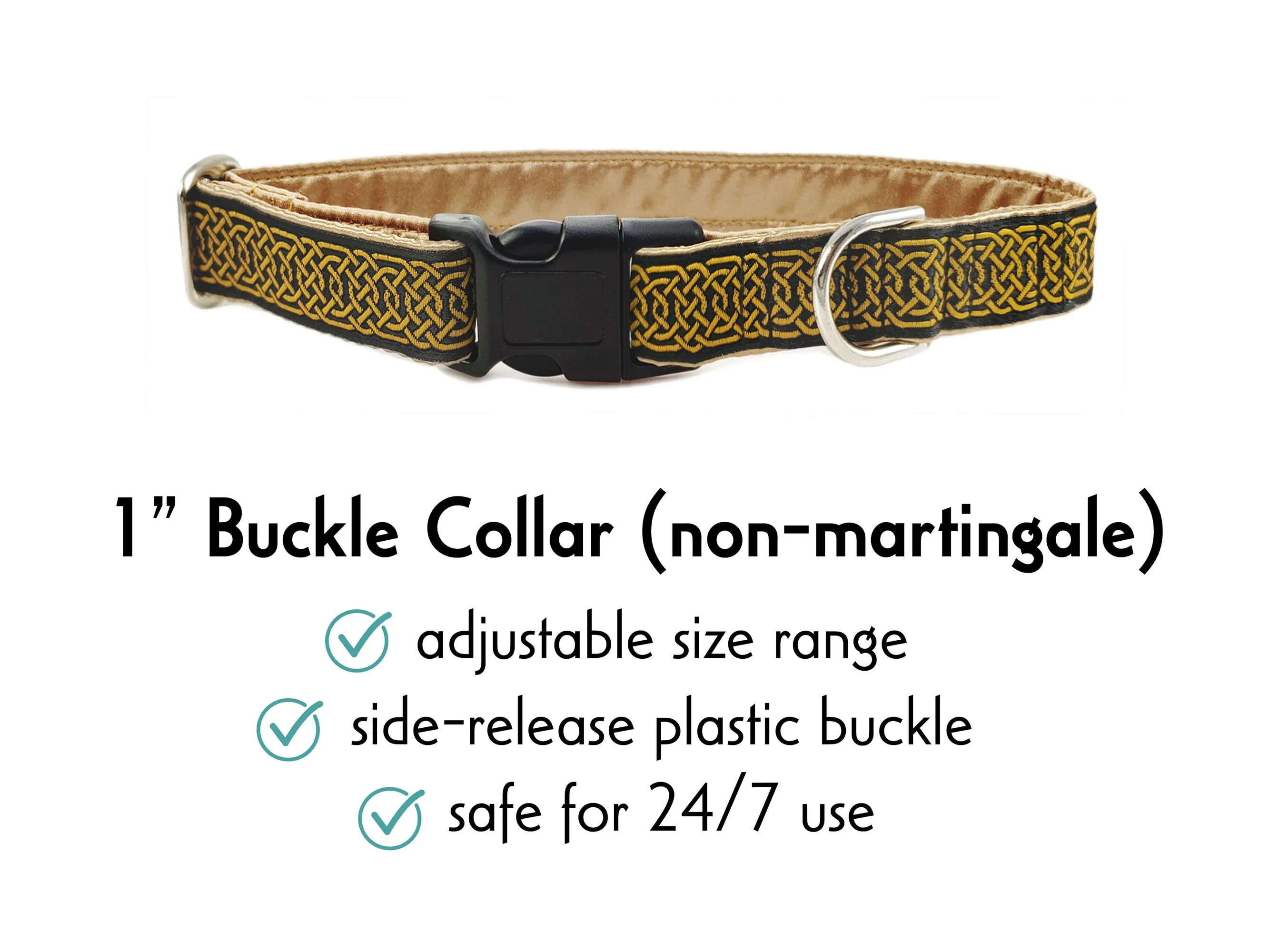 Wexford Celtic Braid in Black & Old Gold - Martingale Dog Collar or Buckle Dog Collar - 1" Width