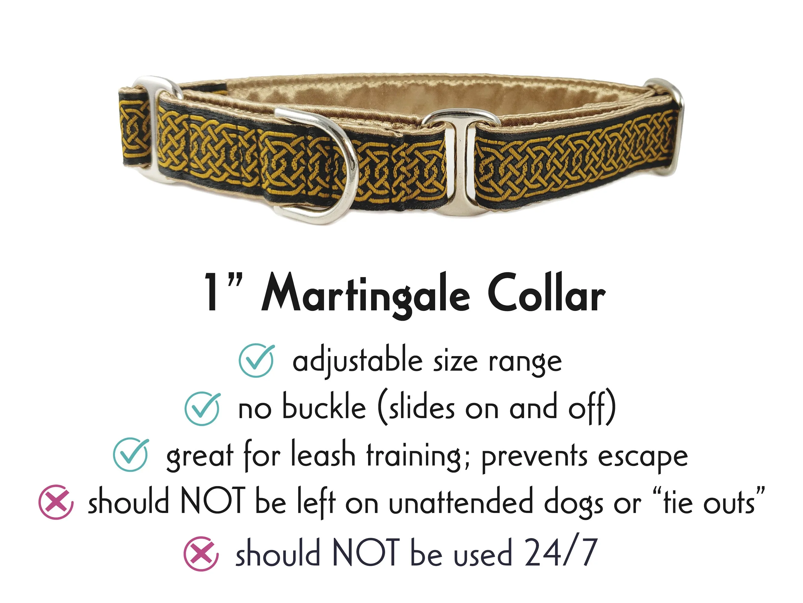 Wexford Celtic Braid in Black & Old Gold - Martingale Dog Collar or Buckle Dog Collar - 1" Width