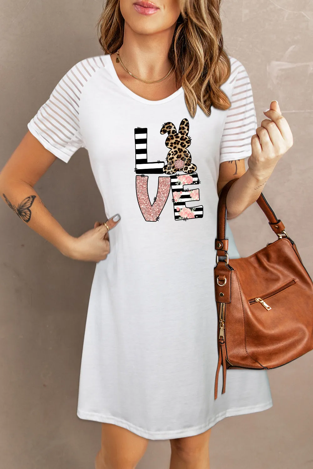 White LOVE Rabbit Leopard Striped Print Short Sleeve T-shirt Dress