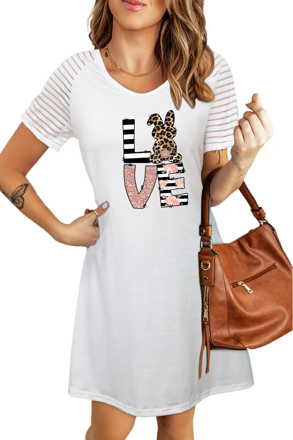 White LOVE Rabbit Leopard Striped Print Short Sleeve T-shirt Dress
