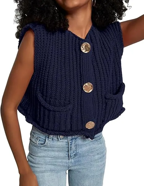 White Sleeveless Crochet Cardigan Vest Button Down