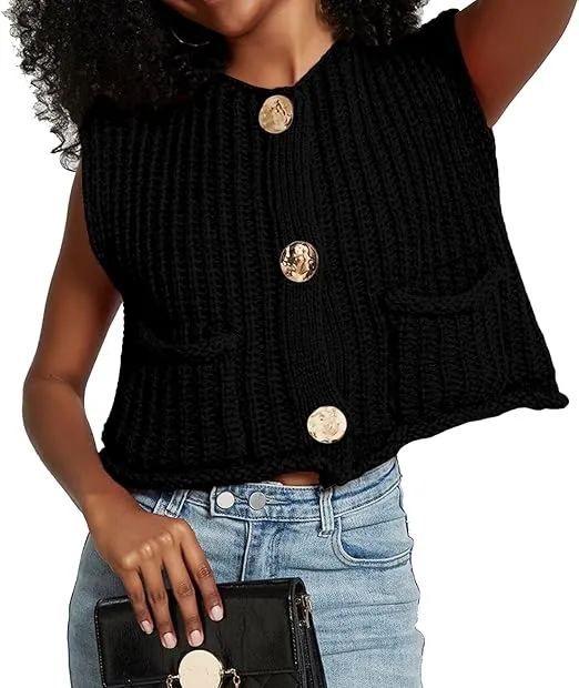 White Sleeveless Crochet Cardigan Vest Button Down