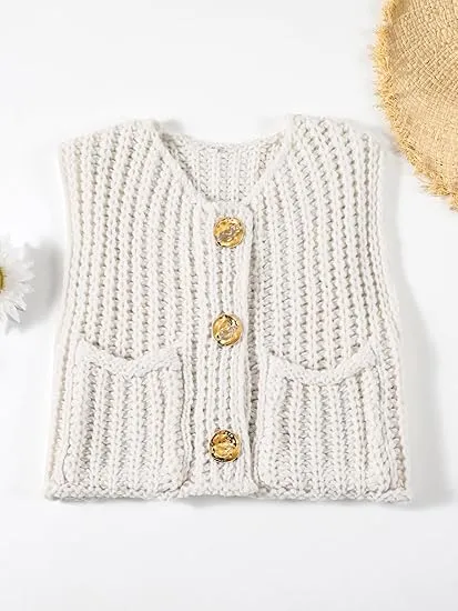 White Sleeveless Crochet Cardigan Vest Button Down