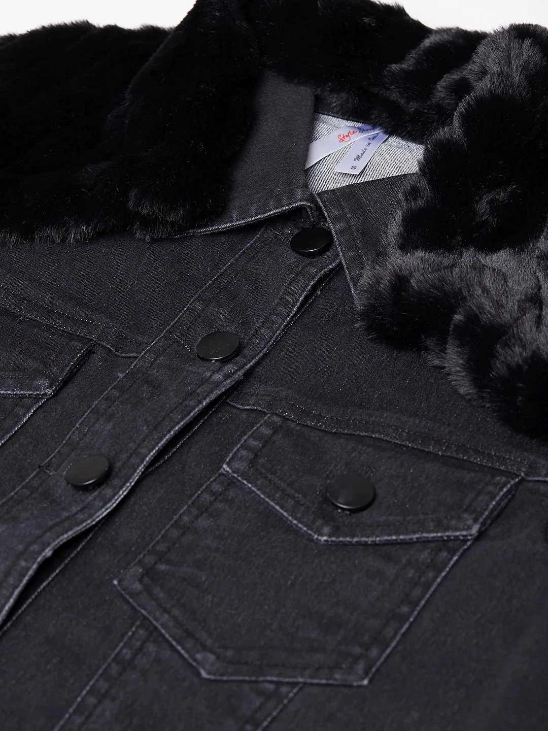 Women's Black Denim Jacket with Detachable Black Fur Collar - StyleStone