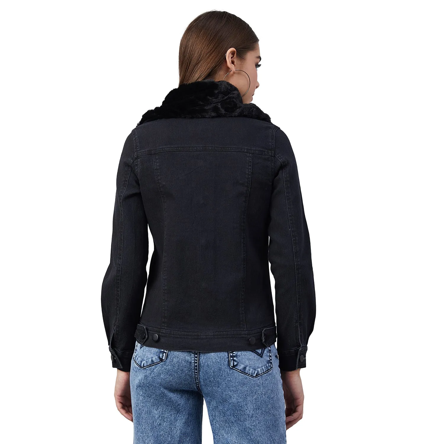 Women's Black Denim Jacket with Detachable Black Fur Collar - StyleStone