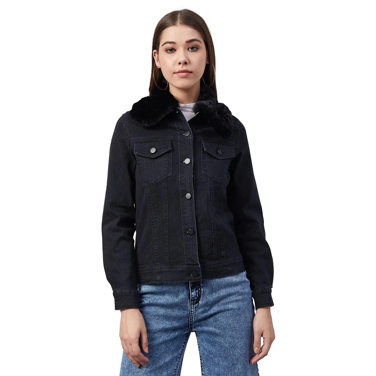 Women's Black Denim Jacket with Detachable Black Fur Collar - StyleStone