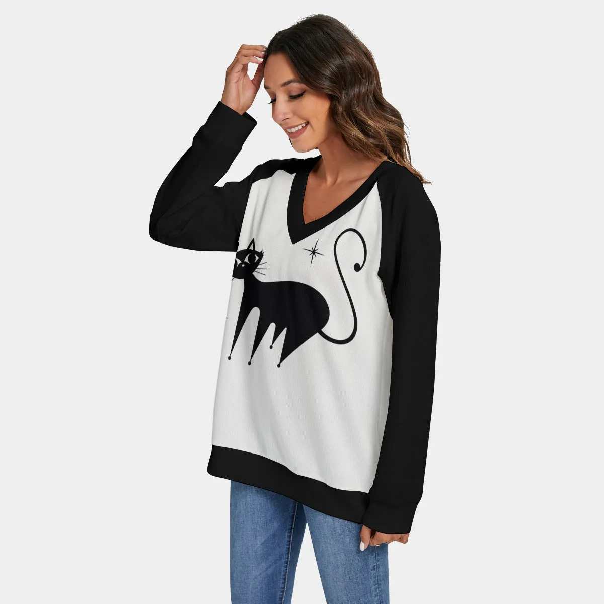 Women's Retro Cat Sweater | 50s Black Cat Print Knit Sweater | Vintage Cat Lover Pullover