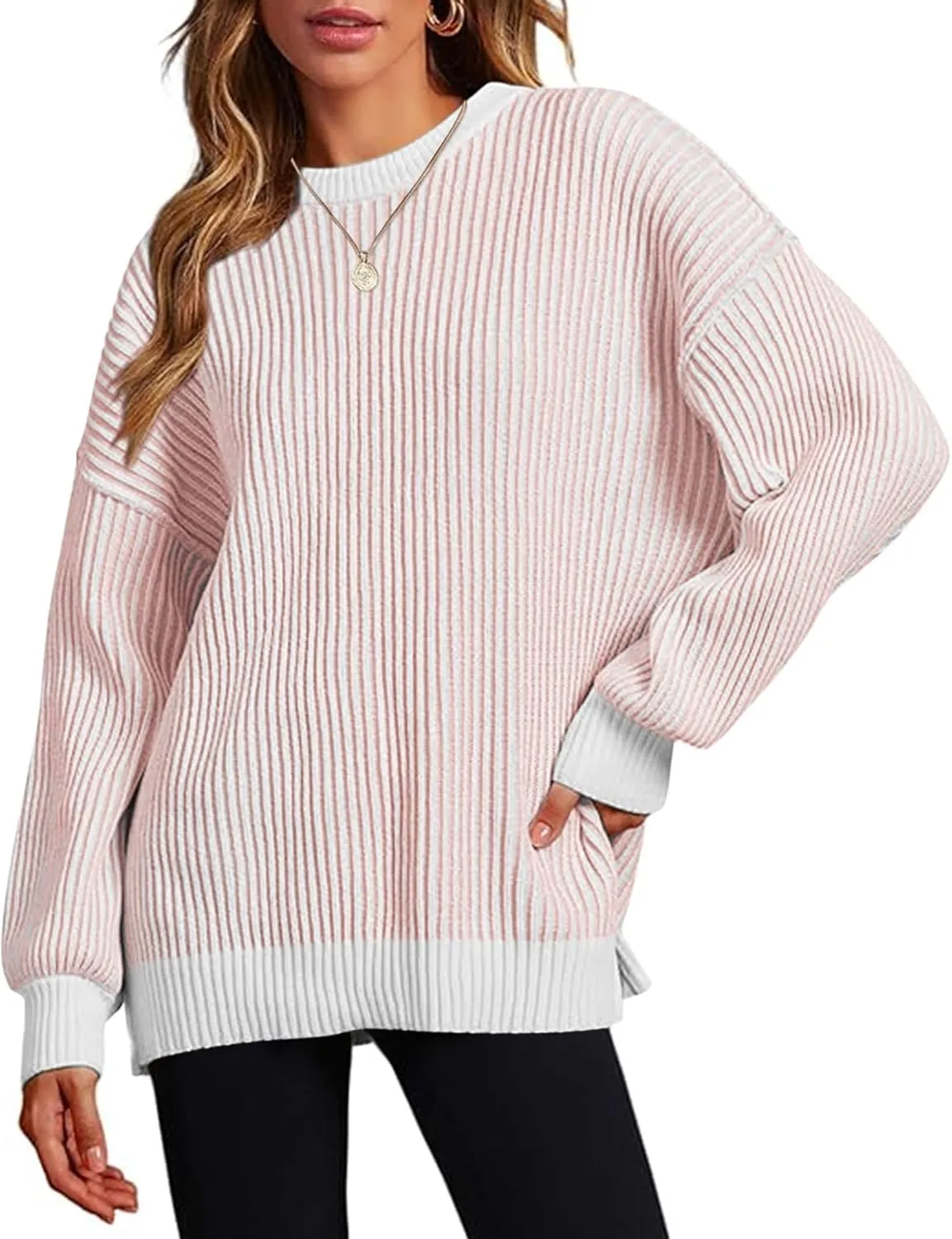Zeagoo Women 2024 Fall Sweater Crew Neck Casual Long Sleeve Color Block Loose Pullover Rib Knit Blouse Tops XS-XXL