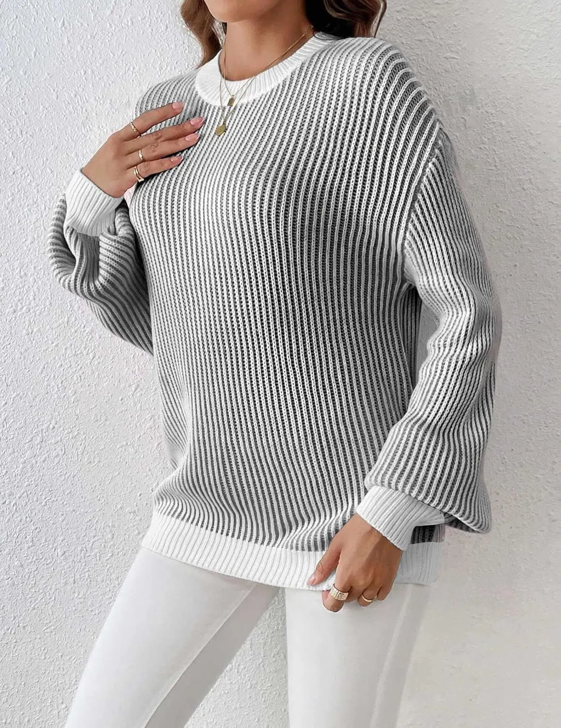 Zeagoo Women 2024 Fall Sweater Crew Neck Casual Long Sleeve Color Block Loose Pullover Rib Knit Blouse Tops XS-XXL