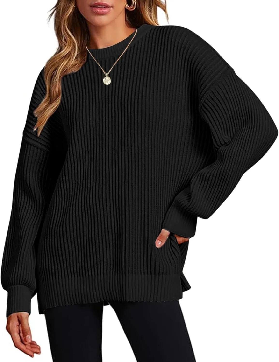 Zeagoo Women 2024 Fall Sweater Crew Neck Casual Long Sleeve Color Block Loose Pullover Rib Knit Blouse Tops XS-XXL