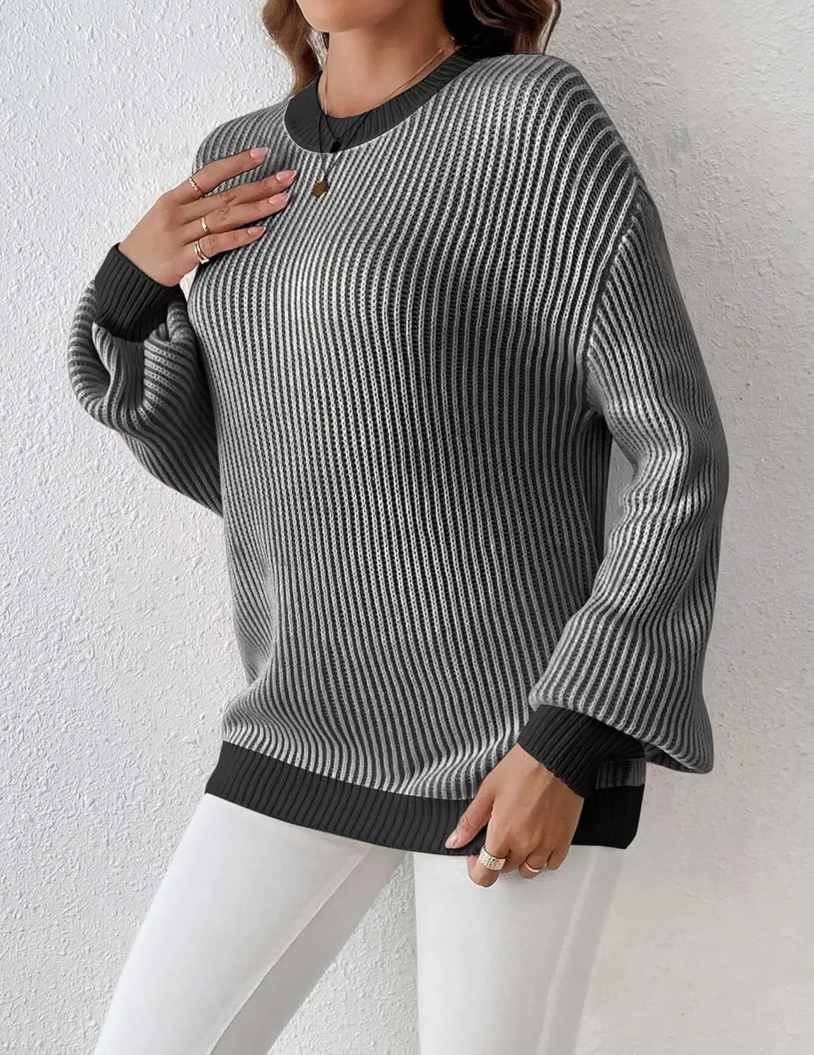 Zeagoo Women 2024 Fall Sweater Crew Neck Casual Long Sleeve Color Block Loose Pullover Rib Knit Blouse Tops XS-XXL