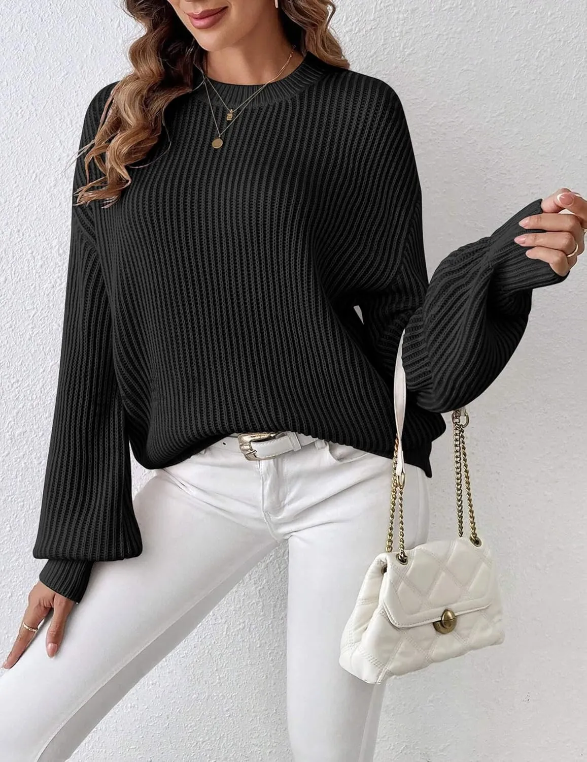 Zeagoo Women 2024 Fall Sweater Crew Neck Casual Long Sleeve Color Block Loose Pullover Rib Knit Blouse Tops XS-XXL