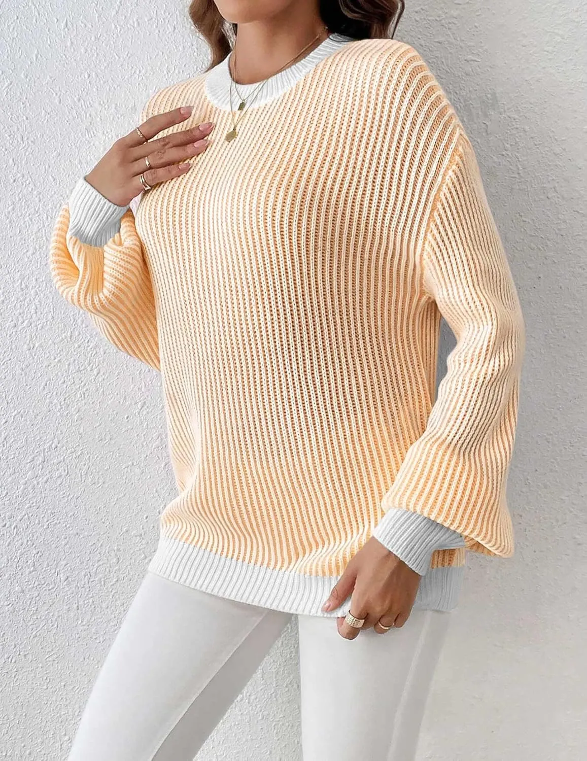 Zeagoo Women 2024 Fall Sweater Crew Neck Casual Long Sleeve Color Block Loose Pullover Rib Knit Blouse Tops XS-XXL