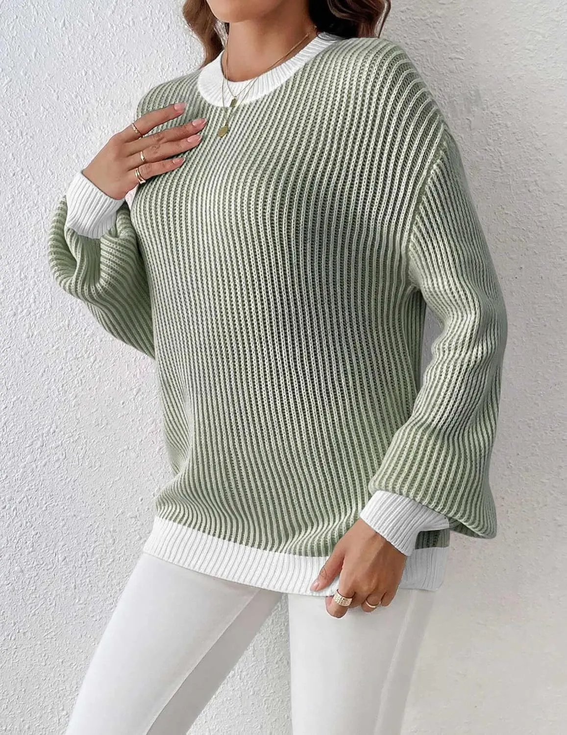 Zeagoo Women 2024 Fall Sweater Crew Neck Casual Long Sleeve Color Block Loose Pullover Rib Knit Blouse Tops XS-XXL