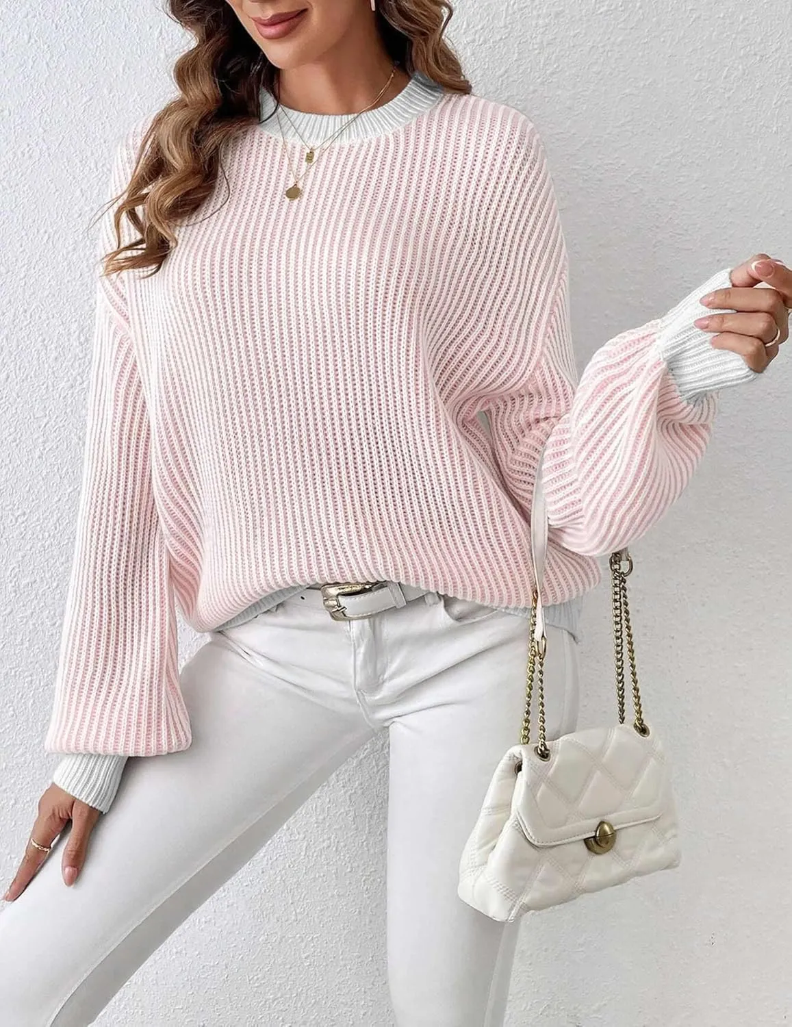 Zeagoo Women 2024 Fall Sweater Crew Neck Casual Long Sleeve Color Block Loose Pullover Rib Knit Blouse Tops XS-XXL