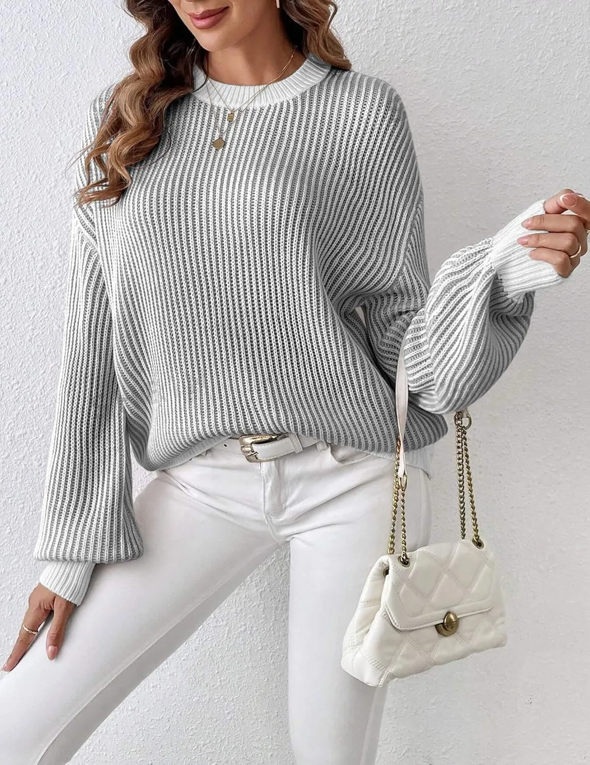 Zeagoo Women 2024 Fall Sweater Crew Neck Casual Long Sleeve Color Block Loose Pullover Rib Knit Blouse Tops XS-XXL