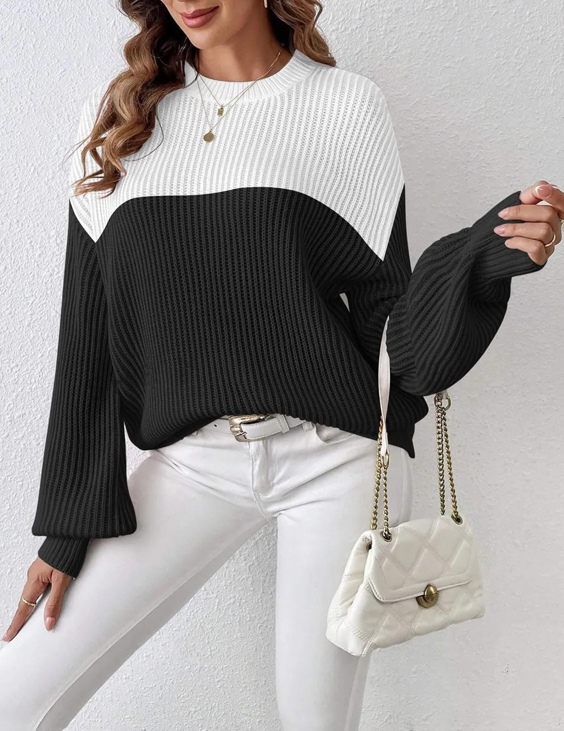 Zeagoo Women 2024 Fall Sweater Crew Neck Casual Long Sleeve Color Block Loose Pullover Rib Knit Blouse Tops XS-XXL