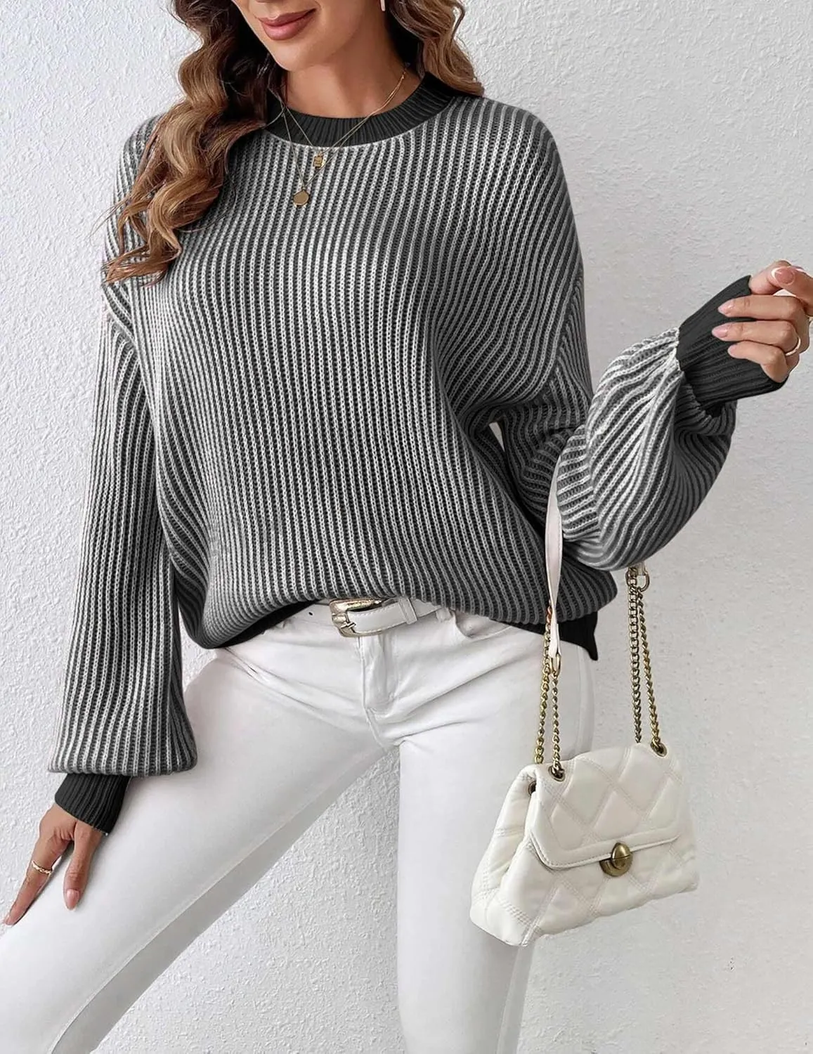 Zeagoo Women 2024 Fall Sweater Crew Neck Casual Long Sleeve Color Block Loose Pullover Rib Knit Blouse Tops XS-XXL
