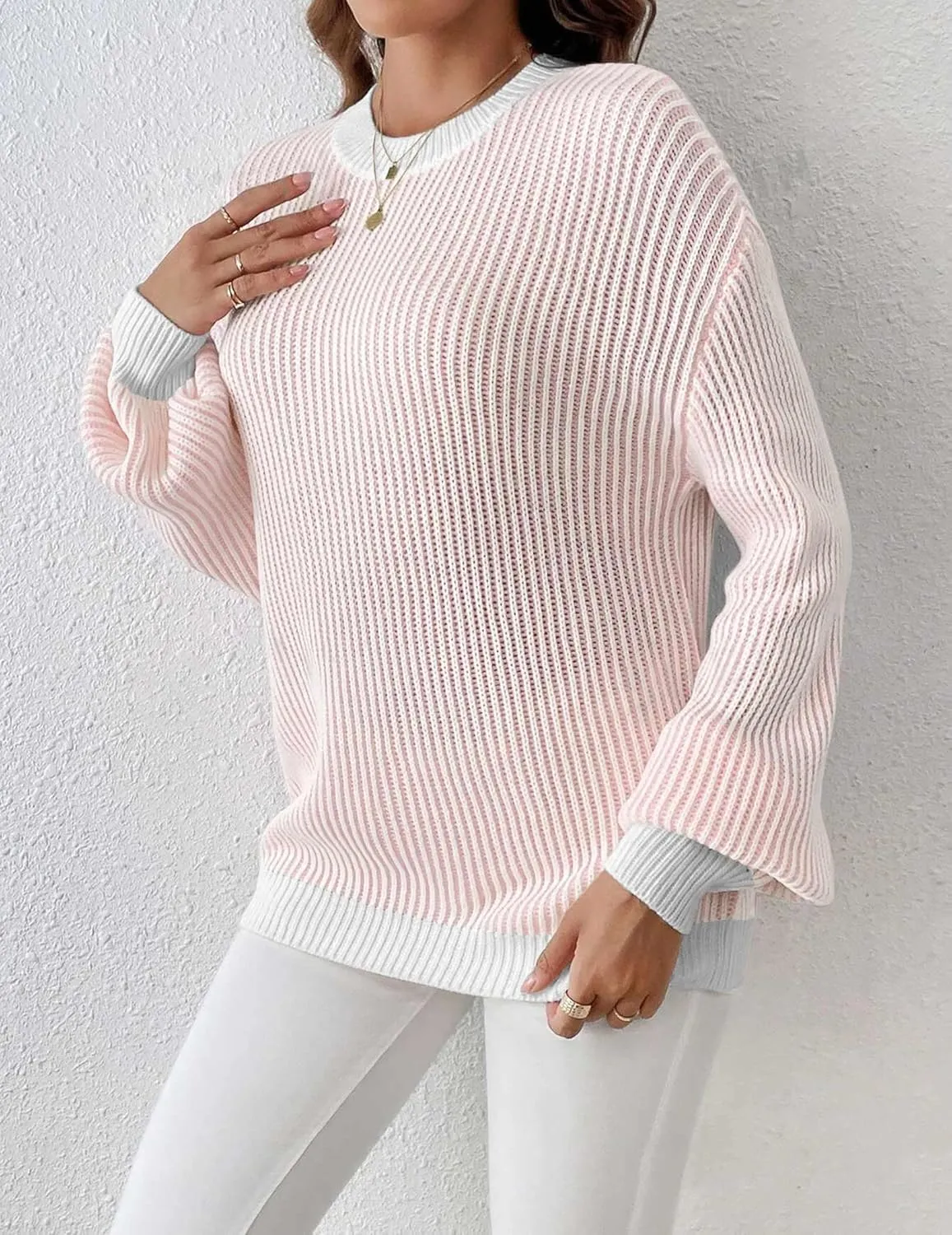 Zeagoo Women 2024 Fall Sweater Crew Neck Casual Long Sleeve Color Block Loose Pullover Rib Knit Blouse Tops XS-XXL