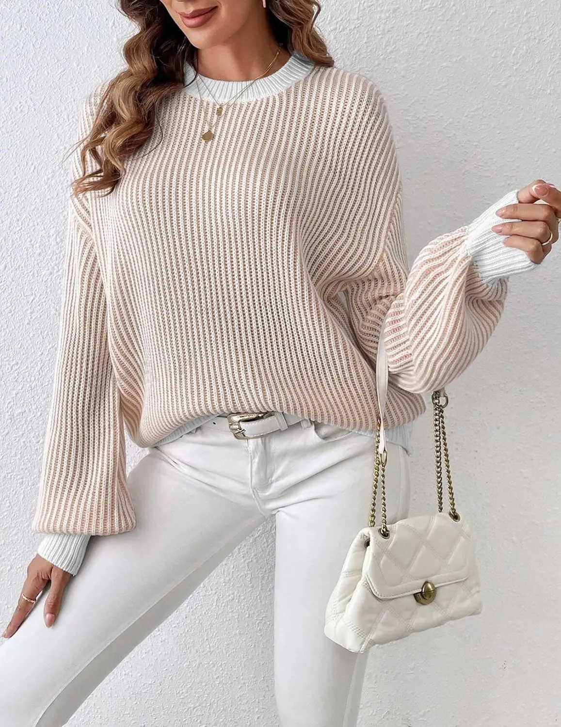 Zeagoo Women 2024 Fall Sweater Crew Neck Casual Long Sleeve Color Block Loose Pullover Rib Knit Blouse Tops XS-XXL