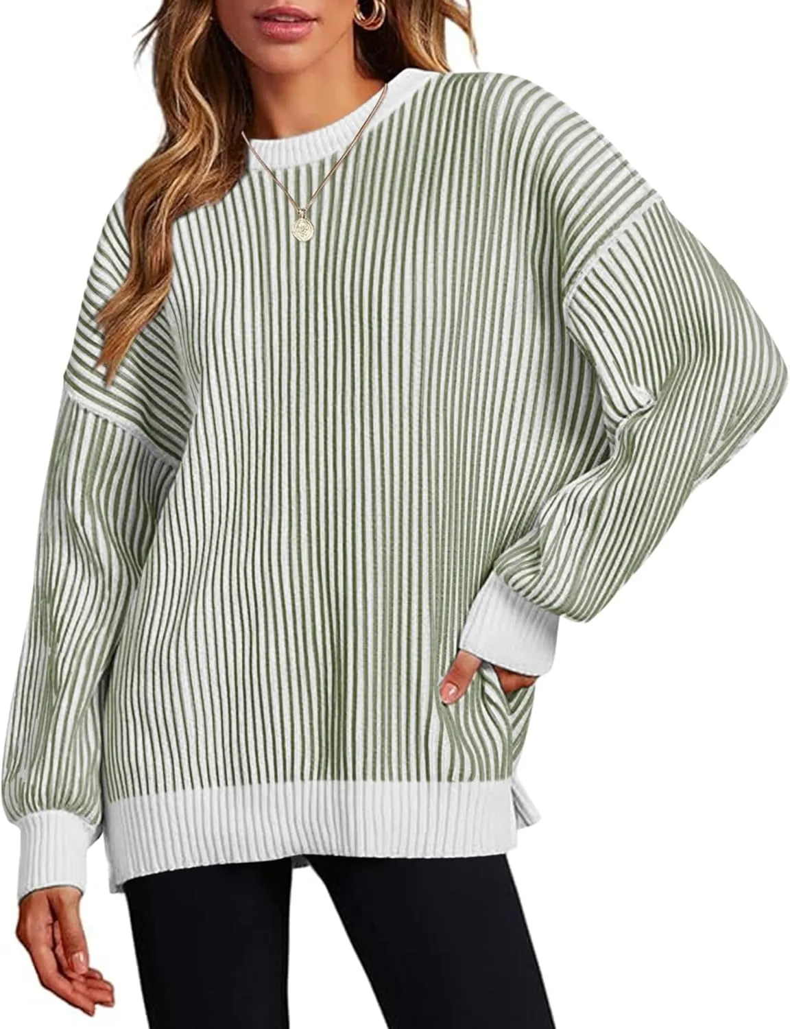 Zeagoo Women 2024 Fall Sweater Crew Neck Casual Long Sleeve Color Block Loose Pullover Rib Knit Blouse Tops XS-XXL