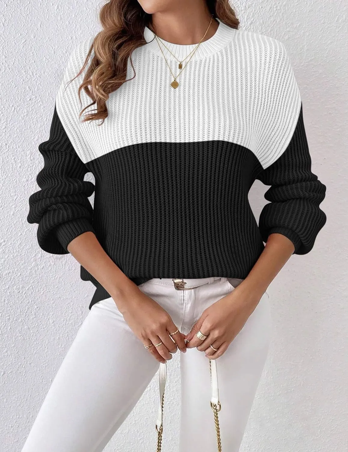 Zeagoo Women 2024 Fall Sweater Crew Neck Casual Long Sleeve Color Block Loose Pullover Rib Knit Blouse Tops XS-XXL