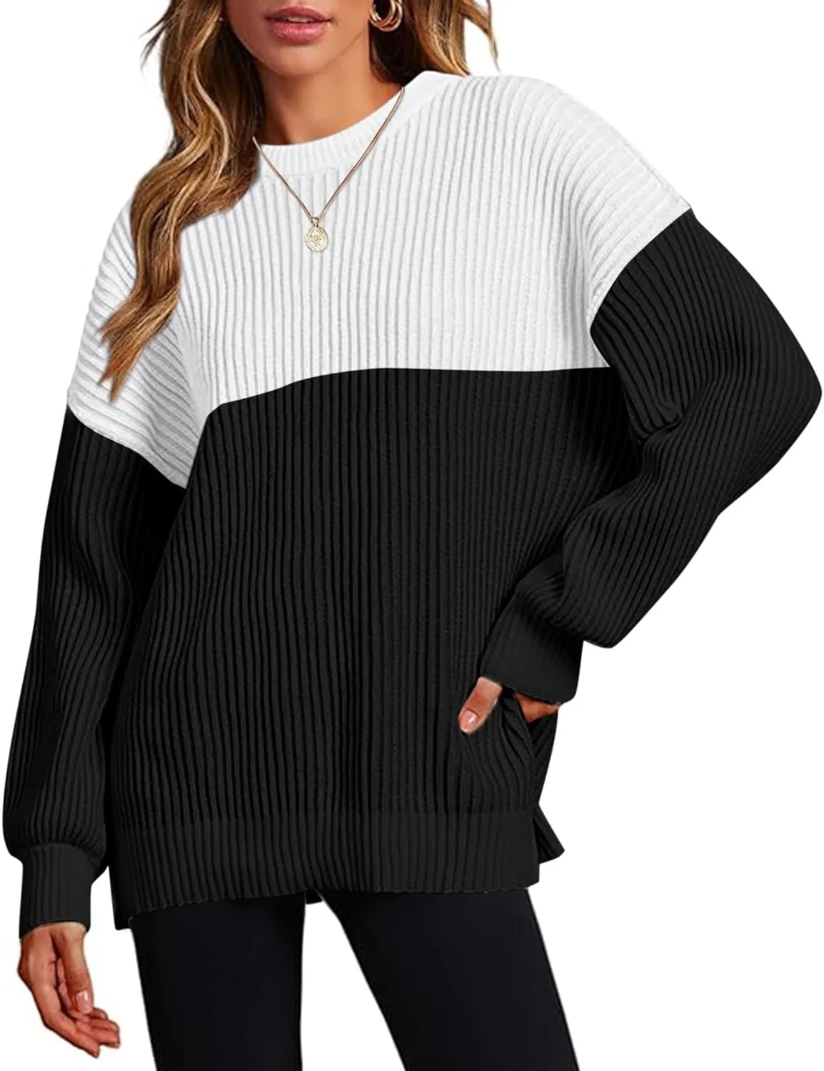 Zeagoo Women 2024 Fall Sweater Crew Neck Casual Long Sleeve Color Block Loose Pullover Rib Knit Blouse Tops XS-XXL