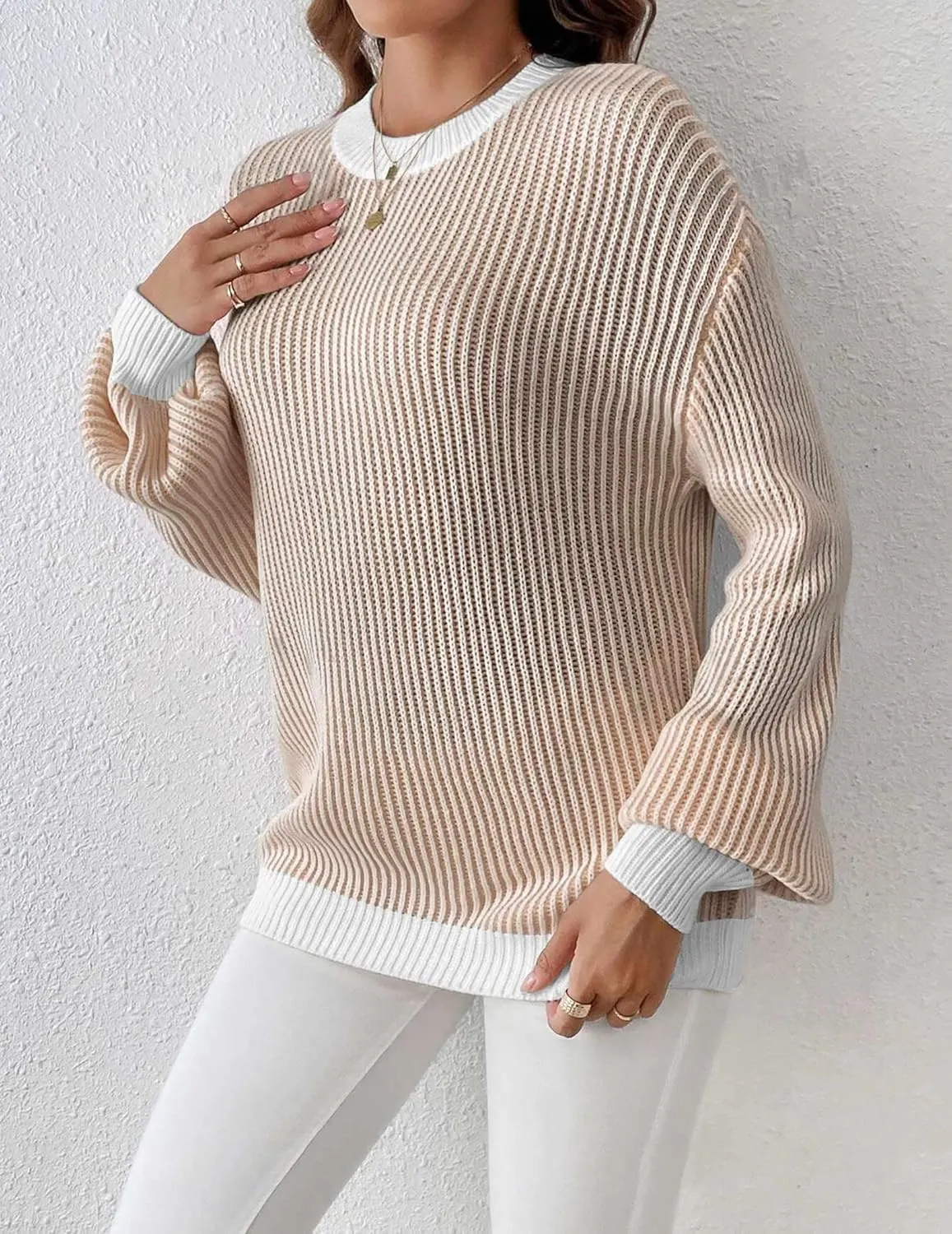 Zeagoo Women 2024 Fall Sweater Crew Neck Casual Long Sleeve Color Block Loose Pullover Rib Knit Blouse Tops XS-XXL