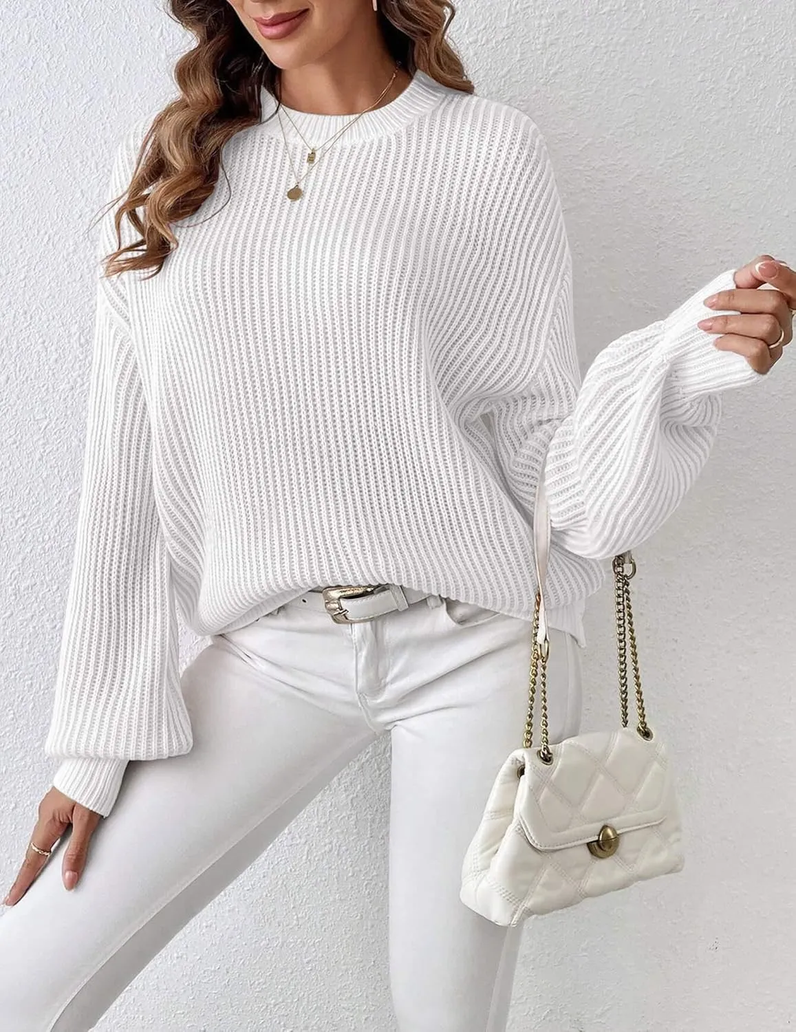Zeagoo Women 2024 Fall Sweater Crew Neck Casual Long Sleeve Color Block Loose Pullover Rib Knit Blouse Tops XS-XXL