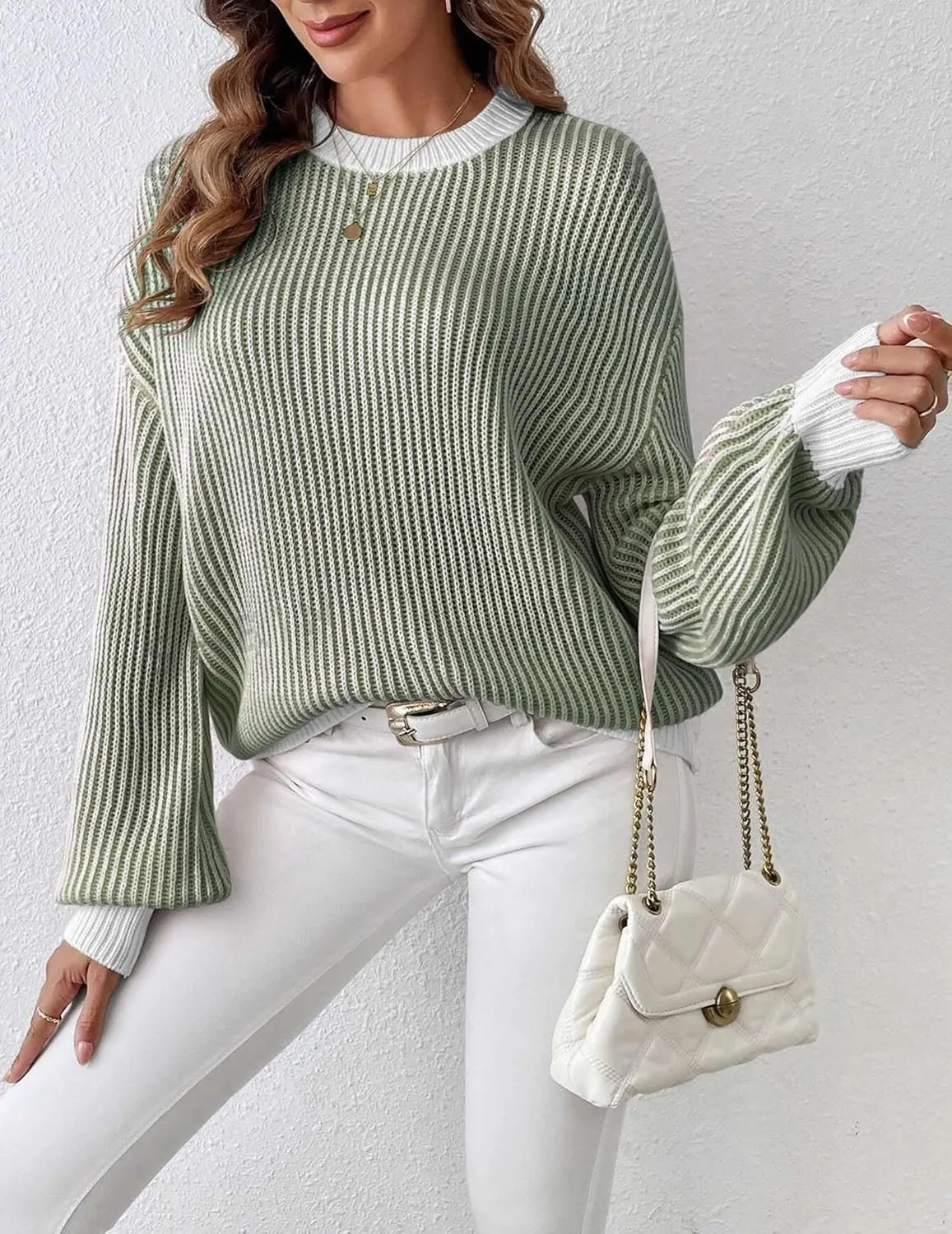 Zeagoo Women 2024 Fall Sweater Crew Neck Casual Long Sleeve Color Block Loose Pullover Rib Knit Blouse Tops XS-XXL