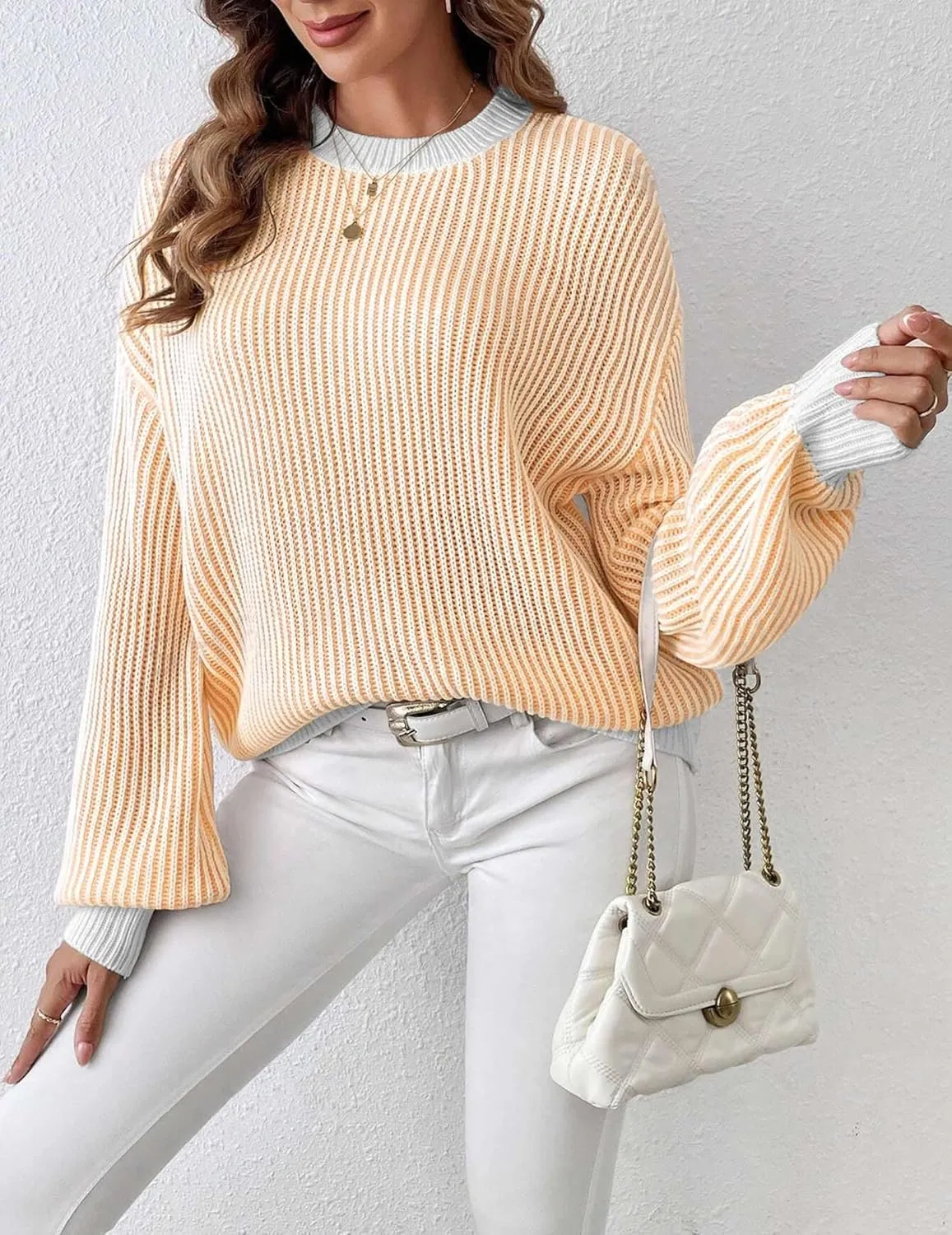 Zeagoo Women 2024 Fall Sweater Crew Neck Casual Long Sleeve Color Block Loose Pullover Rib Knit Blouse Tops XS-XXL