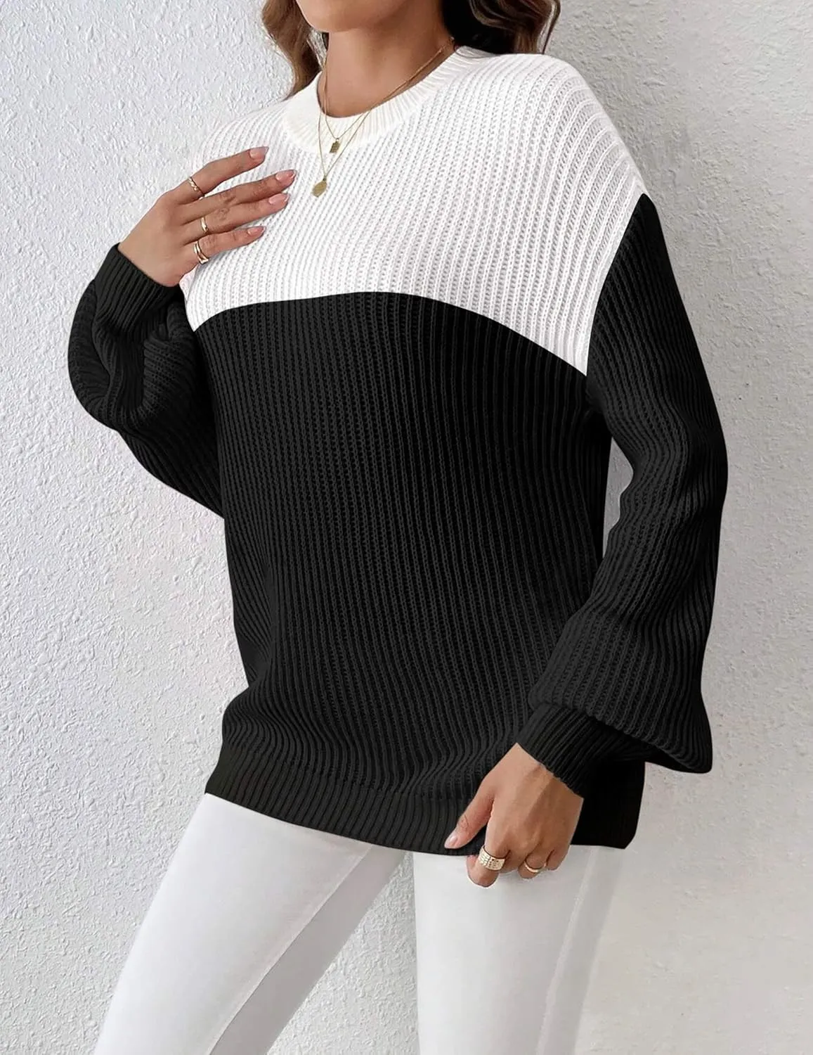 Zeagoo Women 2024 Fall Sweater Crew Neck Casual Long Sleeve Color Block Loose Pullover Rib Knit Blouse Tops XS-XXL