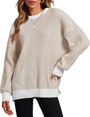 Zeagoo Women 2024 Fall Sweater Crew Neck Casual Long Sleeve Color Block Loose Pullover Rib Knit Blouse Tops XS-XXL