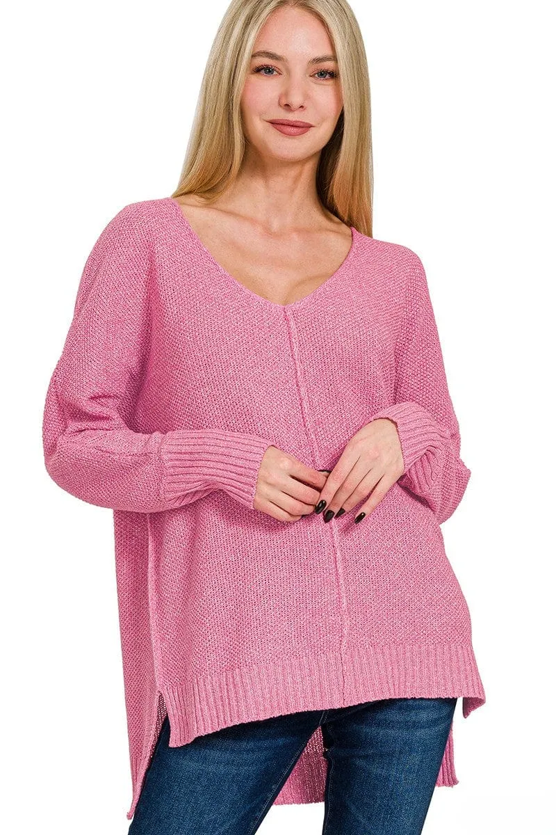 Zenana V-Neck Center Seam Hi-Low Split Side Sweater